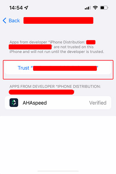 AHAspeed ios install custom enterprise app, step 4 - tap developer profile settings, trust the developer